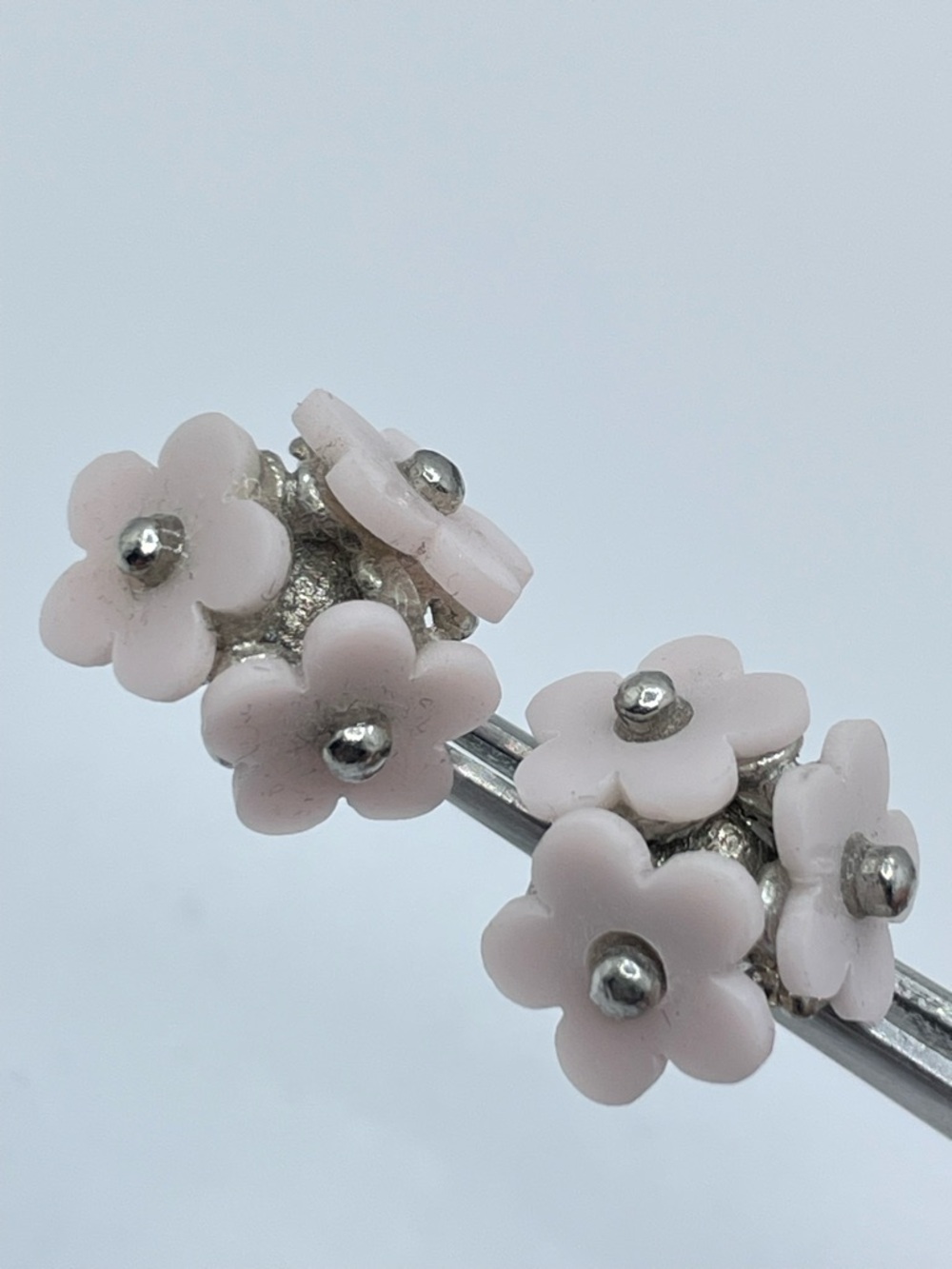 Pink Glass Flower Cluster Stud Earrings Silver Tone Floral